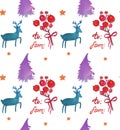 Watercolor Christmas holiday seamless pattern with berries, trees, deer and happy new year copy. Winter New Year theme. Royalty Free Stock Photo