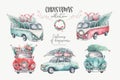 Watercolor christmas holiday seamless pattern with red and green transportation illustration. Merry Xmas auto winter Royalty Free Stock Photo