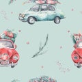 Watercolor christmas holiday seamless pattern with red and green transportation illustration. Merry Xmas auto winter Royalty Free Stock Photo