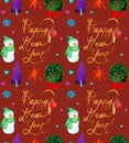 Watercolor Christmas holiday seamless pattern with snowman, trees, deer and happy new year copy. Winter New Year theme. Royalty Free Stock Photo