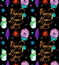 Watercolor Christmas holiday seamless pattern with snowman, trees, deer and happy new year copy. Winter New Year theme. Royalty Free Stock Photo