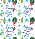 Watercolor Christmas holiday seamless pattern with snowman, trees, deer and happy new year copy. Winter New Year theme.