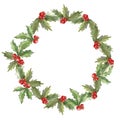 Watercolor christmas holly round frame, christmas decoration, holly frame