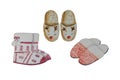 watercolor Christmas home slippers three pairs, ornament, red, colored, deer, gift, present, shopping, white background,