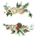 Watercolor Christmas horizontal frame of white rose, holly, pine branch and leaves. Hand painted holiday card of plants