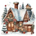 Watercolor Christmas house clipart Royalty Free Stock Photo