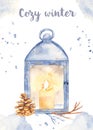 Watercolor Christmas hygge winter Christmas card with lantern, cone, branches