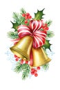 Watercolor Christmas illustration of bells with red ribbon, pine Royalty Free Stock Photo
