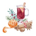Watercolor Christmas illustration with glint wine