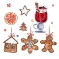 Watercolor Christmas illustration with mulled wine, ginger cookies, candies, orange slice. Christmas cards. Winter design. Merry