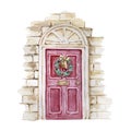 Watercolor Christmas illustration of a red door Royalty Free Stock Photo