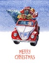 Watercolor Christmas illustration with Santa Claus driving red car packed with presents and Christmas tree. Christmas cards.