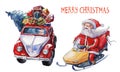 Watercolor Christmas illustration with Santa Claus on snowmobile and Santa car. Christmas cards. Winter design. Merry Christmas