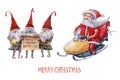 Watercolor Christmas illustration with Santa Claus on yellow snowmobile and dwarfs singing. Christmas cards. Winter design. Merry