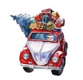 Watercolor Christmas illustration - Santa`s car with presents and Christmas tree
