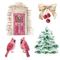 Watercolor Christmas illustration set, door, fir tree Royalty Free Stock Photo