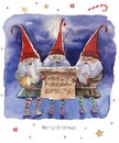 Watercolor Christmas illustration with singing dwarfs in moonnight. Christmas cards. Winter design. Merry Christmas Royalty Free Stock Photo