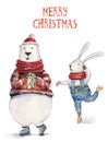 Watercolor Christmas illustration with skiing hare and colorful bear. Christmas cards. Winter design. Merry Christmas