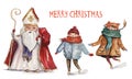 Watercolor Christmas illustration with St. Nicholas and two children. Christmas cards. Winter design. Merry Christmas