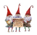 Watercolor Christmas illustration with trio singing dwarfs. Christmas cards. Winter design. Merry Christmas