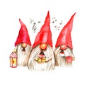 Watercolor Christmas illustration with trio singing dwarfs. Christmas cards. Winter design. Merry Christmas