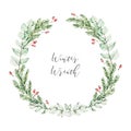 Watercolor christmas illustration. Winter botanical wreath with eucalyptus, fir tree branches and holly. Xmas artwork with floral Royalty Free Stock Photo