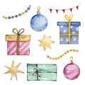 Christmas decorations, stars, garlands, flags, toy, round, beads and boxes gifts