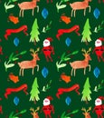 Watercolor Christmas illustrations seamless pattern with Santa Clause, deer, trees and berries . Winter New Year theme. Royalty Free Stock Photo