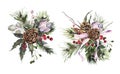 Watercolor Christmas invitation design. Watercolor winter bouquets for holidays design. Berries, flowers, leaves, pine