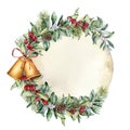 Watercolor Christmas label with old paper. Hand painted floral branch with berries and fir branch, pine cone, bells and