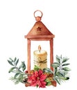 Watercolor Christmas lantern with candle and decor. Hand painted traditional lantern with christmas plant isolated on