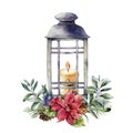 Watercolor Christmas Lantern With Candle And Holiday Decor. Hand Painted Floral Composition With Holly, Mistletoe