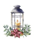 Watercolor Christmas lantern with candle and holiday decor. Hand painted traditional lantern with christmas plant