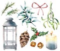 Watercolor Christmas Lantern With Decor. Hand Painted Lamp, Candle, Eucalyptus, Mistletoe, Bells, Holly, Fir Cone And