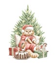 Watercolor Christmas little cat kitten character sitting with presents and gifts boxes near Christmas tree Royalty Free Stock Photo