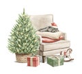 Watercolor Christmas little cat kitten character sleeps on armchair with Christmas tree and gifts Royalty Free Stock Photo