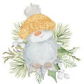 Watercolor Christmas Little cute snowman in a yellow hat with pine tree bouquet.