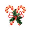 Watercolor Christmas lollipop stick with red bow ribbon, holly leaves and red berries.