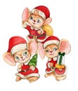 Watercolor Christmas mice in cartoon style. Watercolor Christmas hand drawn illustration for cards, backgrounds, scrapbooking and