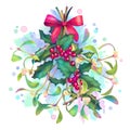 Watercolor Christmas Mistletoe and Holly Bouquet Royalty Free Stock Photo