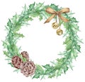 Watercolor Christmas mistletoe leaves wreath decorated with a golden bow, jingle bells and cones. New Year`s template