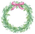 Watercolor Christmas mistletoe leaves wreath decorated with a pink bow. Hand-drawn New Year`s template.