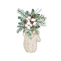 Watercolor Christmas mitten decorated with bouquet of pine cones, cotton