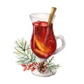 Watercolor Christmas mulled wine with fir branch and berries. Hand painted wine glass, pine cone and cinnamon isolated