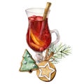 Watercolor Christmas mulled wine. Hand painted wine glass, cinnamon, gingerbread and fir branch isolated on white