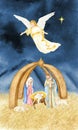 Watercolor Christmas nativity greeting card, nativity scene with the Holy Family, Angel illustration, Madonna, child