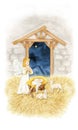 Watercolor Christmas nativity greeting card, nativity scene with the Holy Family, Angel, sheep illustration, Baby child Royalty Free Stock Photo