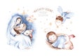 Watercolor christmas nativity scene. Christianity story with newborn jesus, mary, angel and lamb. Holy jolly christmas