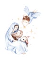 Watercolor christmas nativity scene. Christianity story with newborn jesus, mary, angel and lamb. Holy jolly christmas card Royalty Free Stock Photo