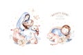 Watercolor christmas nativity scene. Christianity story with newborn jesus, mary, angel and lamb. Holy jolly christmas